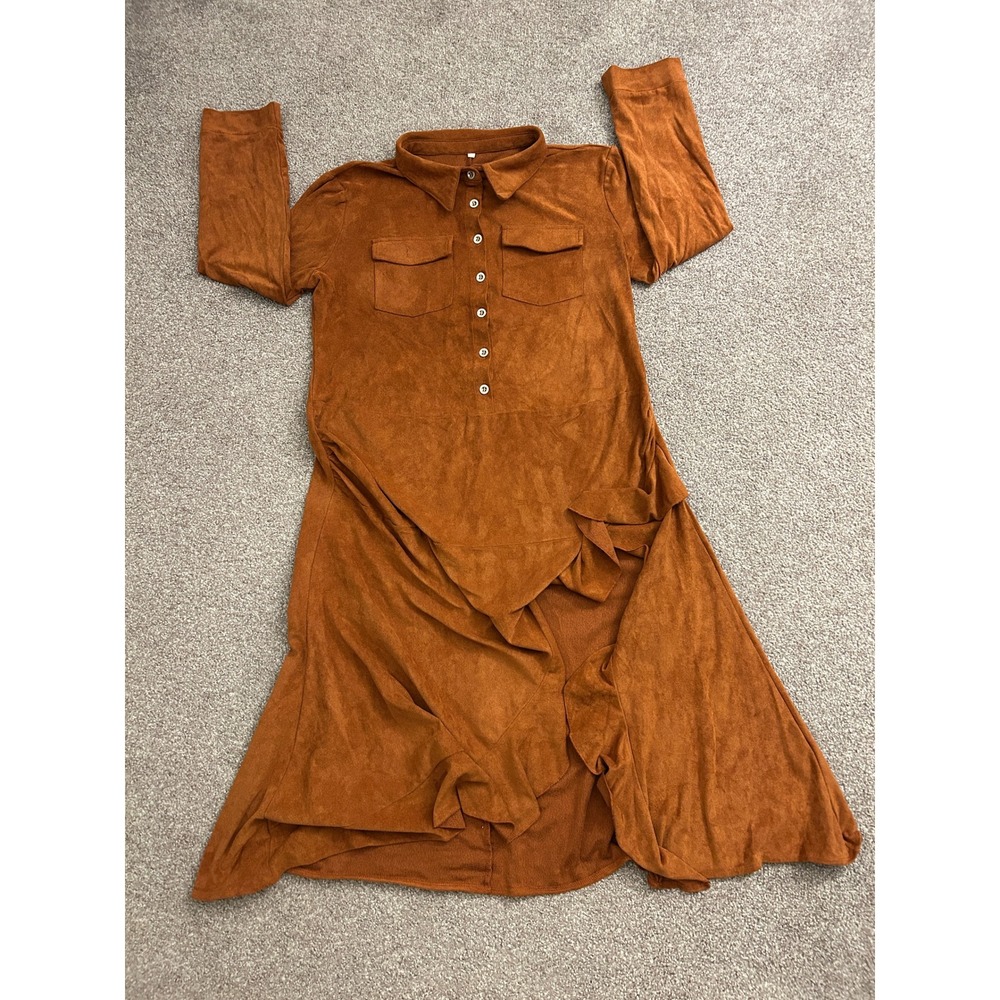VTG Faux Suede Shirt Dress Womens XXL Rust Brown Excellent Ruffle High Low